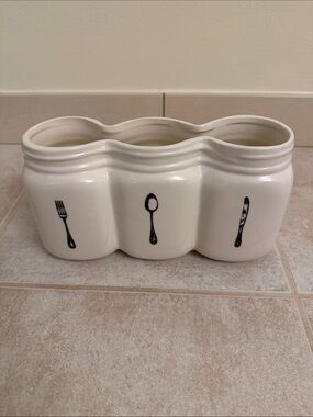 Ceramic Utensil Holder - White with Black Cutlery Motif decor or planter